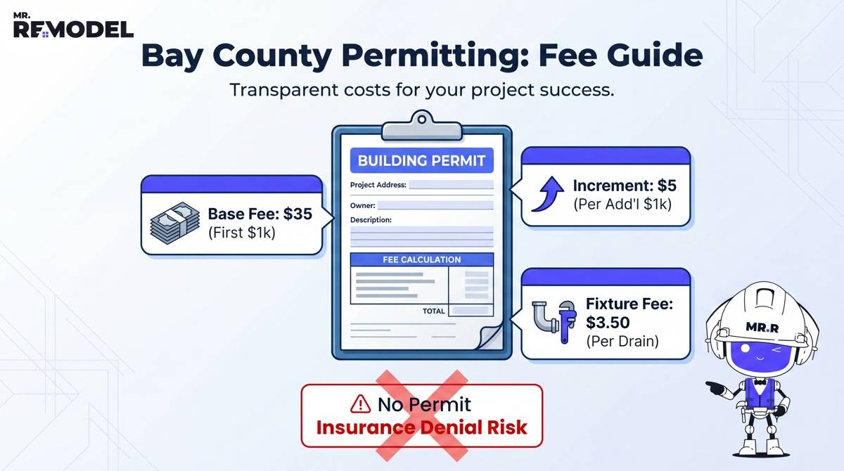A regulatory infographic detailing the Bay County permit fee structure for bathroom renovations and the risks of unpermitted work.